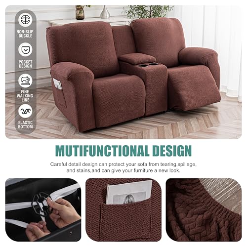 Image of Genina Recliner Loveseat Covers with Console, Stretch Reclining Sofa Covers, 2 Seater Couch Cushion Stripe Jacquard Recliner Slipcovers,Furniture Protector Covers for Pet (Chocolate)