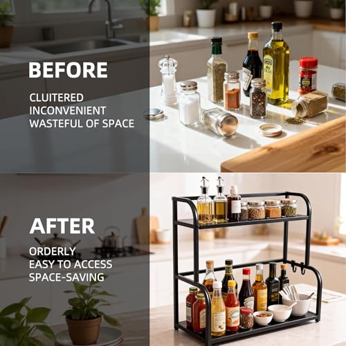 PopuLike 2 Tier Black Coffee Station Organizer, Coffee Bar Accessories Wooden Spice Rack Home and Kitchen Countertop Shelf Kitchen Storage Organiser for Tea and Coffee - Image 3