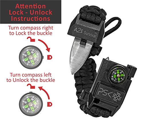 PSK Paracord Bracelet 8-in-1 Personal Survival Kit Urban & Outdoors Survival Knife, Fire Starter, Glass Breaker, Survival Whistle, Signal Mirror, Fishing Hook & String, Compass (Black / Black)