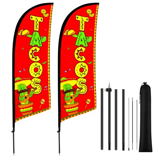 HunnmingRe 2 Set Tacos Feather Flag Kit, 8ft Advertising Swooper Flag Banner with Pole and Ground Stake for Business Restaurant Advertising Banner for Outside Ground by HunnmingRe - Used condition - US$27.85