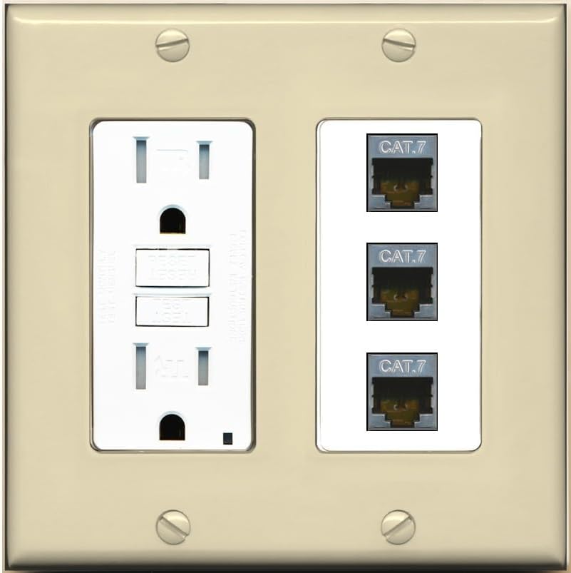 RiteAV 3 Port Cat7 Shielded Ethernet Wall Plate - GFCI Outlet [Screwless White]