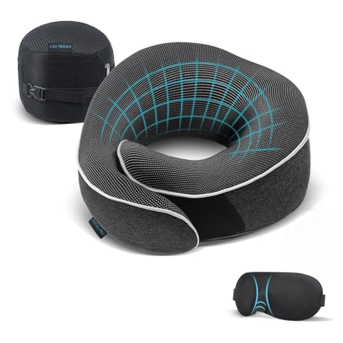 Proglobe Almohada Cervical de avión, Almohada de Viaje 100% Espuma viscoelástica, Almohada Cervical ortopédica, para Viajes con avión, Coche, Tren, con Antifaz 3D, Bolsa de, Gris Oscuro