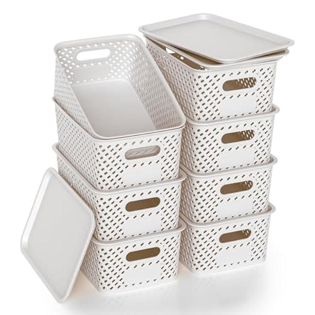 Plastic Storage Bins with Lid, Stackable Small Box Basket for Organizing and Containers for Shelves Drawers Desktop Closet Playroom Pantry Classroom Office Home, 8-pack 10.2x7.2x4.1 Inch, White