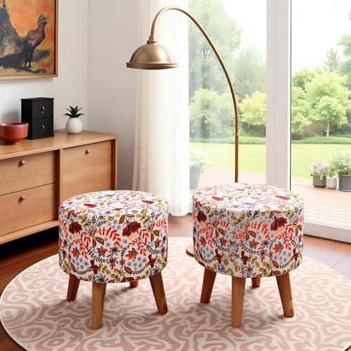 Image of NACIA Printed Ottoman Stools for Home Printed Ottoman Stool Set of 2 Bench for Living Room for Sitting Wooden Round Foot Rest Pouf for Home Decoration Pouffes for Dressing Table 16 inchx18 inch Pink Leaf
