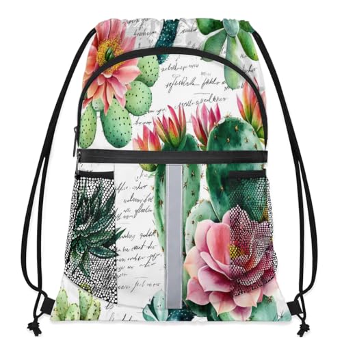 Tropical Cactus Drawstring Backpack with Water Bottle Pocket Lightweight String Bag Space Cacti Floral Sports Gym Swim Sackpack for Men Women