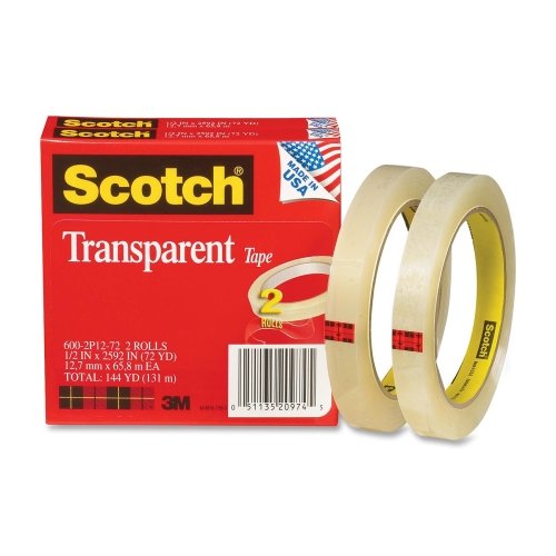 Image of Wholesale CASE of 20 - 3M Scotch Transparent Glossy Office Tape-Transparent Tape, 3 inch Core, 1 /2 inchx2592 inch, 2 /PK