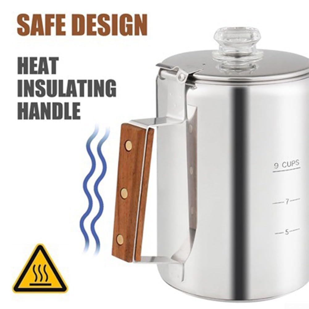 Caffè all'aperto Percolatore 9 tazze in acciaio inox piano cottura pentola per campeggio viaggi con manico ergonomico in legno