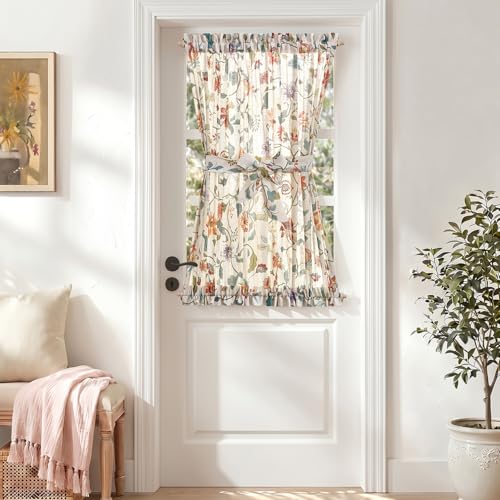 Image of jinchan Hattie Floral French Door Curtain 40 Inch Length Vintage Cottage Core Farmhouse Linen Decor for Glass Door Light Filtering 1 Panel with Tie Up Bow Rod Pocket Beige