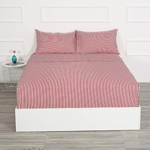 Image of Best Season Ticking Stripe Sheet Set,4 Piece Queen Size Microfiber Bedding,Burgundy Red and White Pinstripe Patterned,Deep Pocket