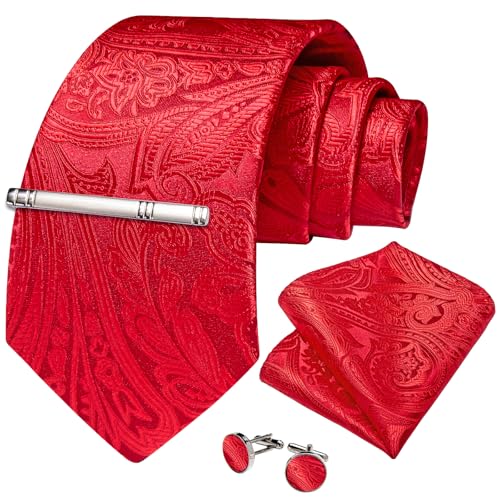 Image of DiBanGu Paisley Ties for Men Silk Necktie and Pocket Square Cufflinks Tie Clip Set Woven Classic Mens Tie for Wedding Party