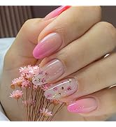 Flower Press on Nails Medium Length Coffin Fake Nails Nude Glue on Nails with Pink Gradient Flora...