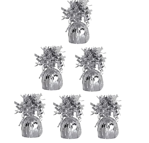 Pack of 6, 12 & 24 Heavy Balloon Weights (5cm x 13cm / Helium Latex Balloon Weight Fountain Table Floor Tassle Cone Birthday Party Accessory with Ribbon Roll (Silver, 6 qty)