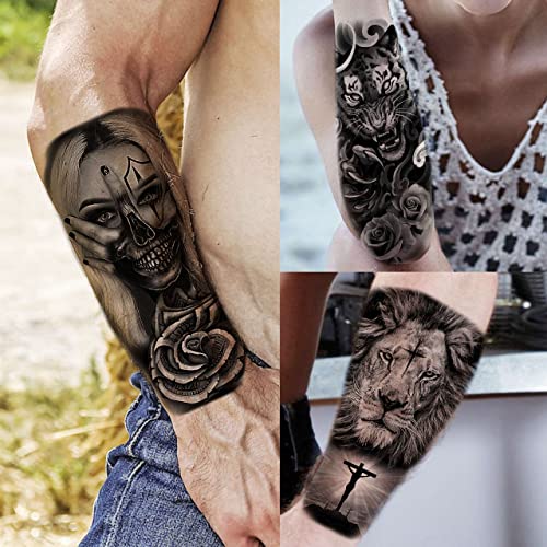 Tasroi 61 Sheets Realistic Skull Tiger Wolf Lion Temporary Tattoos For Women Men Arm Sleeve, 3D Halloween Temp Tattoos Adults Compass Black Rose Flower, Bulk Fake Tattoos That Look Real And Last Long #TOP1