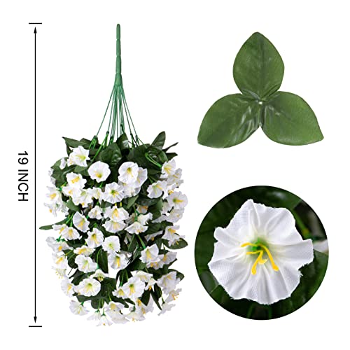 HyeFlora Artificial Fake Hanging Flowers Plants Vines for Outdoor Summer Decoration, 2PCS Faux Silk White Morning Glory Look Real UV Resistant for Home Outside Planter Porch Patio