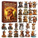 immagine prodotto Calendario dell'avvento 2025 con mucca delle Highlands, calendario natalizio per conto alla rovescia di 24 giorni, con 24 ornamenti a tema unico a tema mucca delle Highland, divertente calendario