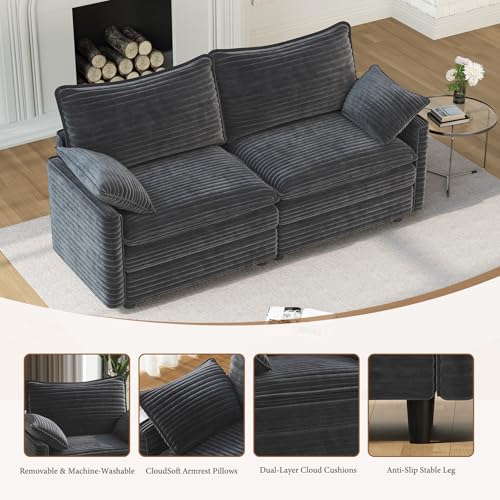 Image of Vesgantti 74 inch Loveseat Sofa for Living Room, Comfy Cloud Couch Deep Seat Corduroy Modern 2 Seater Small Sofa with Armrest Pillow, Easy Assembly for Small Spaces, Gray
