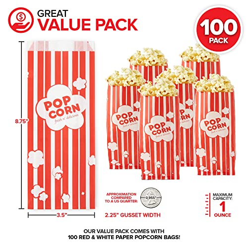 Image of 1 oz Paper Popcorn Bags Bulk (100 Pack) Small Red & White Pop-corn Bag Disposable for Carnival Themed Party, Movie Night, Halloween, Popcorn Machine Accessories & Supplies, Individual Servings