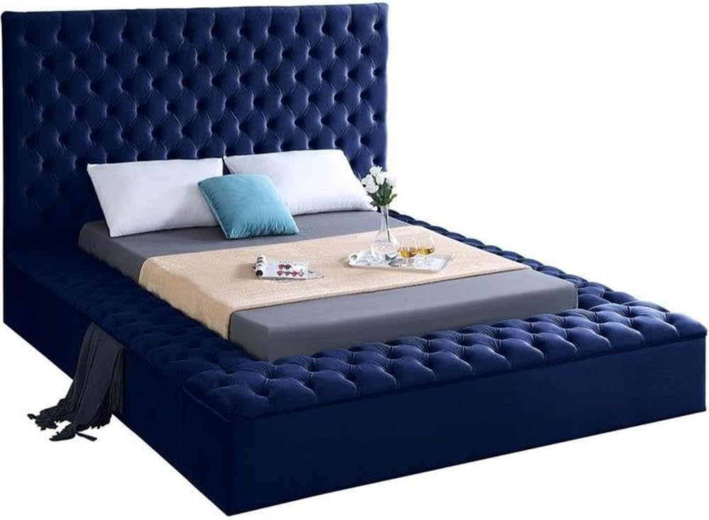 Meridian Furniture Bliss Collection Modern | Contemporary Velvet Upholstered Bed with Deep Button Tufting and Storage Compartments in Rails and Footboard, Navy, King