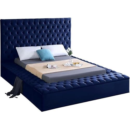 Meridian Furniture Bliss Collection Modern | Contemporary Velvet Upholstered Bed with Deep Button Tufting and Storage Compartments in Rails and Footboard, Navy, Full