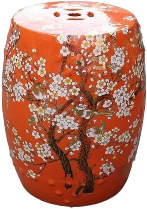Garden Stool Colorful Ceramic Garden Stool with Plum Blossom Design - Decorative Porcelain Cooler Stool for Outdoor and Indoor Use Ottomans(B) (One Color I)