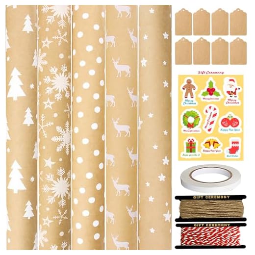 FullJoyHut 5 Rollos Papel Regalo Navideño Retro Blanco, 43CM x 3M Rollos Papel Envolver Navideño Kraft Reciclables, Papel de Embalaje Navideño con Etiquetas y Cinta para Decoración de Fiesta