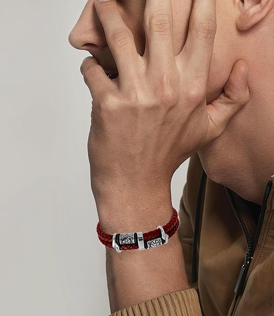 Mens Double Row Braided Leather Wristband Stainless Steel Beaded Double Layer Leather Cord Wristband Bangle Viking Bracelet Gift for Men - Image 2