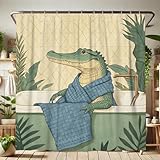 Alligator Shower Curtain, Green Cartoon Crocodile Bath Decor, Fun Summer Bathroom Theme, Modern Playful Design with Hooks 62x72 Inch