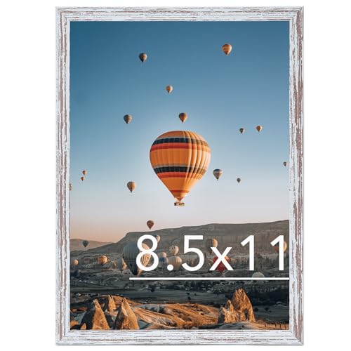 Image of 8.5x11 Picture Frame Rustic White for Wall Hanging or Tabletop, Wall Mounting Horizontally or Vertically, 8.5 x 11 Wall Gallery Poster Photo Frame with Durable Shatter Resistant Plexiglass, Rustic