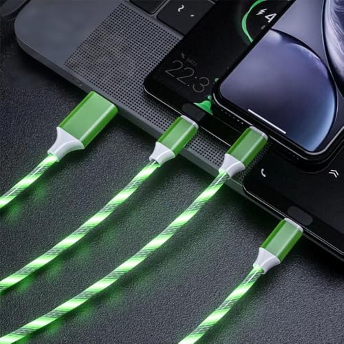 Image of AYI 6 in 1 USB LED Charging Cable, 39in Dynamic Flowing Light Cord, Flexible PVC Tangle-Free Wire, Smart Chip with Trickle Charge, Universal Data Sync Cable for Phones, Tablets, and More, Green.