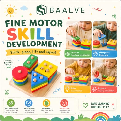 Image of Wooden Angle Geometric Stacker Shape Sorter Blocks,Educational Intelligence Early Learning Column Puzzle Stacking Toy Set for Todder Kids Boys & Girls (Pack of 1, Multicolour, 16 Pieces).