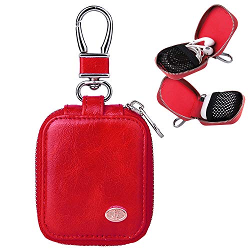 MRPLUM Earbud Carrying Case Small Compatible with AirPods PU Leather Hard Portable Earphone Case Protective Storage Pouch Bag with Mesh Pocket & Keychain for Wireless Headphone USB Cable (Red)