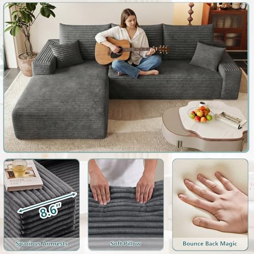 Image of 95 inch Modular Sectional Couch, Boneless L Shaped Cloud Sofa with Chaise Lounge, Corduroy Upholstered Couches Memory Foam Deep Seat, No Assembly Required, Ideal for Living Room(Dark Gray, Left Facing)
