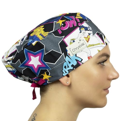 CHRYSVAL - Calot Couvrant Wonder Woman - Bonnet Médical ou Calot Cuisine Unisexe 100% Coton Oeko-Tex - Réglable Avec Attaches et Elastique