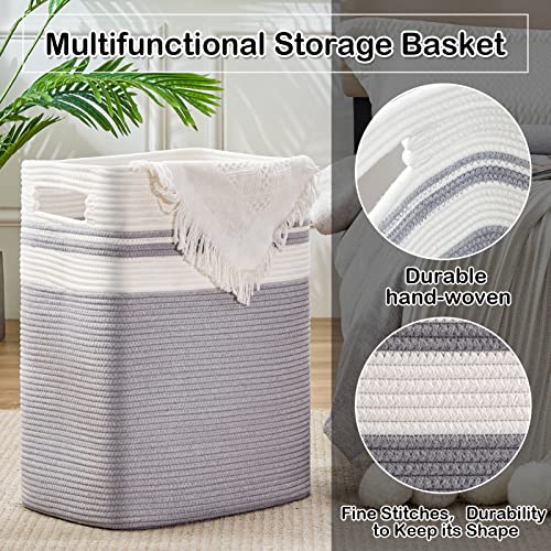 Oiahomy Laundry Basket, Rectangle Laundry Hamper,Tall Cotton Storage Basket With Handles,Collapsible Large Basket For Clothes,Decorative Blanket Basket For Living Room-16.5X12.6X21.6In-Gray #TOP3
