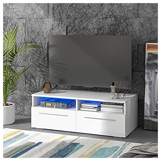 Lazyspace Modernt vitt TV-stativ med LED-lampor, glansigt TV-stativ för 55-tums TV-apparater LED-TV-stativ med lagringsutrymme och 2 lådor vardagsrumsmöbler glansig TV-stativ anka