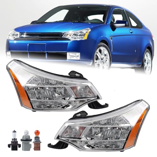 KAMDKI A Pair Headlight Fit for 2008-2011 Ford Focus S/SE/SES/SEL Chrome Housing with Amber Reflector Headlamp Assembly Left Driver&Right Passenger With Bulbs 8S4Z13008F FO2502244 8S4Z13008E FO2503244