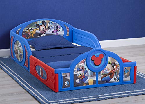 Image of Delta Children Disney Mickey Mouse Plastic Sleep and Play Toddler Bed with Attached Guardrails Sweet Beginnings Dual Sided Crib Mattress