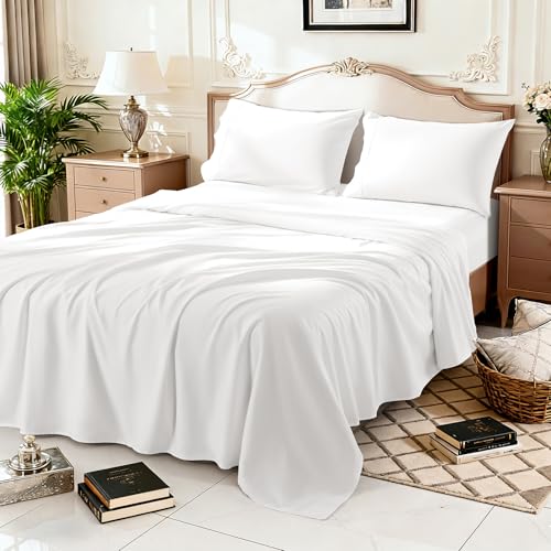 Image of 100% Egyptian Cotton Sheet Set 4 Pcs King Size Sheets 1000 Thread Count Breathable Soft Bedding Set Fitted Sheet with 16 inch Deep Pocket (King, White)