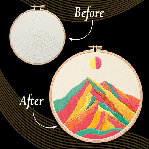 Image of Unwynd Embroidery Kit Landscape Theme for Beginners, Satin Stitch Hand Embroidery Kit for Adults, DIY Valentine's Day Gift with Mountain Sun Pattern
