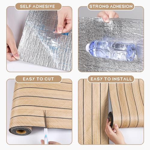 VEELIKE Herringbone Wood Wall Panels Peel and Stick Natural Oak Wood Slat Wallpaper for Living Room Bathroom 30''x118'' Self Adhesive Foam Slat Wall Panel Vinyl Roll for Ceiling TV Background Accent by VEELIKE - Used condition - Image 9