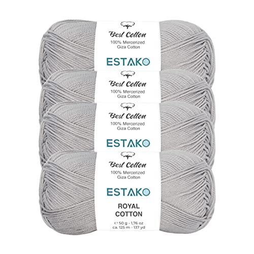Image of Estako Royal Cotton, (4 Skeins Pack) 100% Mercerized Giza Cotton Yarn, Soft, Super Fino for Crochet and Knitting (4 x 1.76 Oz) / (4 x 137 Yrds) (5056 - Light Grey)