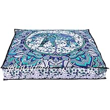 CRAFT KALA Mandala Floor Pillow Cushion Cover Seating Throw Cover Hippie Decorative Bohemian Ottoman Poufs Pom Pillow Cases Boho Indian Cotton Living Room Yoga Home Decor 24" Square, Standing Elephant
