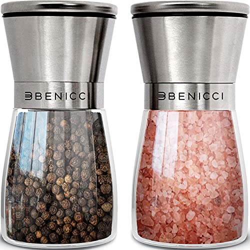 Comparison: Best Salt And Pepper Mill Set 5 Beautiful Stainless Steel Salt and Pepper Grinder Set of 2 - Pepper Mill & Salt Mill with Adjustable Coarseness - Glass Spice Shakers - Easy Clean Ceramic Grinders w/Spoon & Cleaning Brush