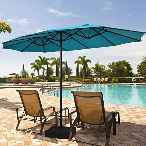 Image of Tangkula 15FT Double-Sided Patio Umbrella with Base, Extra-Large Market Umbrella W /Crank System, Outdoor Twin Umbrella W / 12-Rib Metal Structure & Air Vents for Garden, Backyard, Poolside (Turquoise)