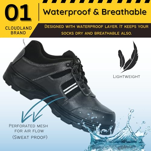 Image of Cloudland Black Leather Safety Shoes for Man | Light Weight Steel Toe, Anti-Slip, Waterproof, Industrial Use for Men | Comfortable for Construction Work's