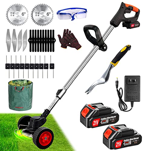 Cordless Weed Wacker, Electric Weed Eater Battery Powered 21V 2Ah, Lightweight Grass Trimmer/Lawn Edger/Mower/Brush Cutter, Push Wheeled No String Trimmer(5 Types Blades, Weeder Tool, Garden Yard Bag) #TOP11