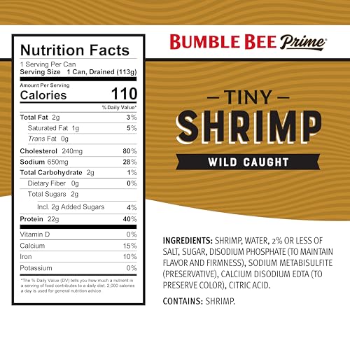 Image of Bumble Bee Prime Tiny Shrimp, 6 oz Can - Wild Caught Canned Shrimp with 22g Protein - Peeled and Deveined Ready to Eat Seafood (Pack of 3)
