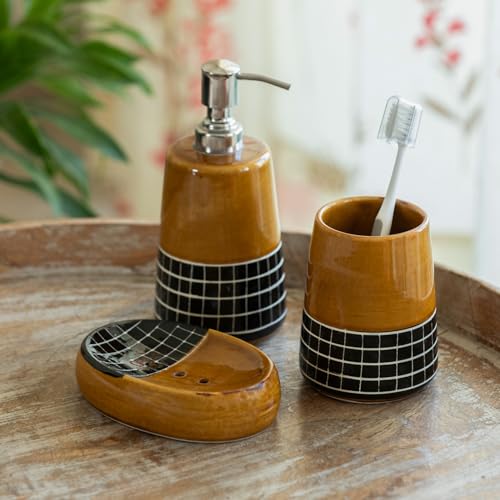 Image of ExclusiveLane 'Sun Checkered' Ceramic Soap Dispenser Set for Bathroom Wash Basin Bathroom Accessories Set of 3 (Liquid Soap Dispenser, Toothbrush Holder, Soap Tray Holder, Hand-Carved)