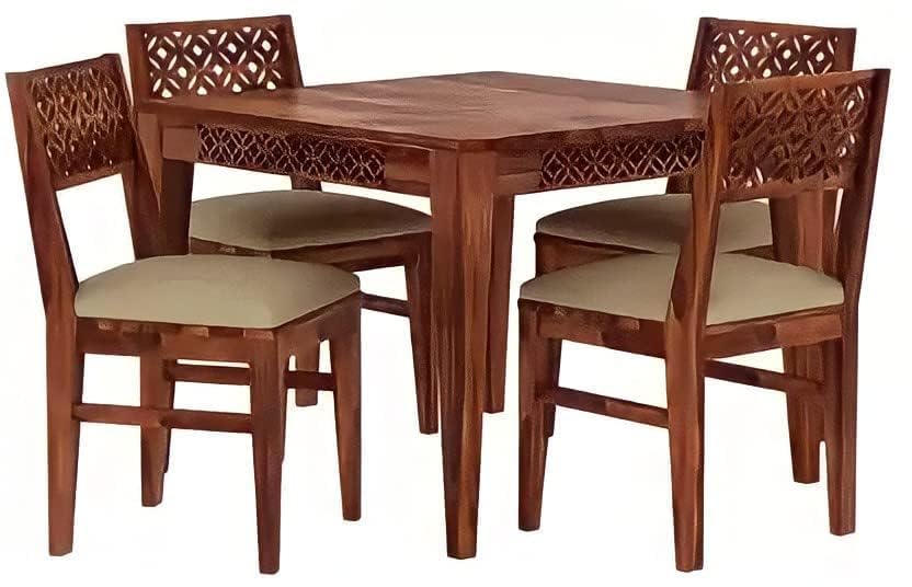 Image of SHYAM ART & CRAFT Solid Sheesham Wood 4 Seater Dining Table with Cushion Chairs | Four Seater Dining Room Furniture | CNC Design Dinner Table for Living Room Home and Restauran | Natural