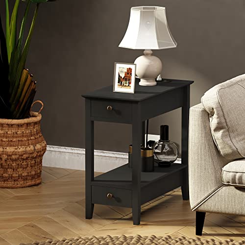 Treocho Side Table With Charging Station, Narrow End Table With Storage, 2-Drawer Nightstand With Usb Ports & Power Outlet, Black Sofa Bedside Table For Small Spaces, Living Room, Bedroom #TOP6